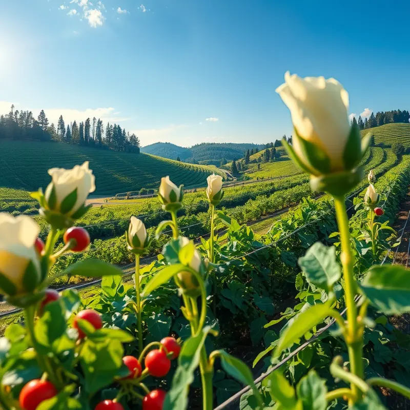 A sunlit field showcasing vibrant vegetables under warm lighting.