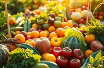 Lush organic produce field with vibrant tomatoes, carrots, and leafy greens under warm sunlight.