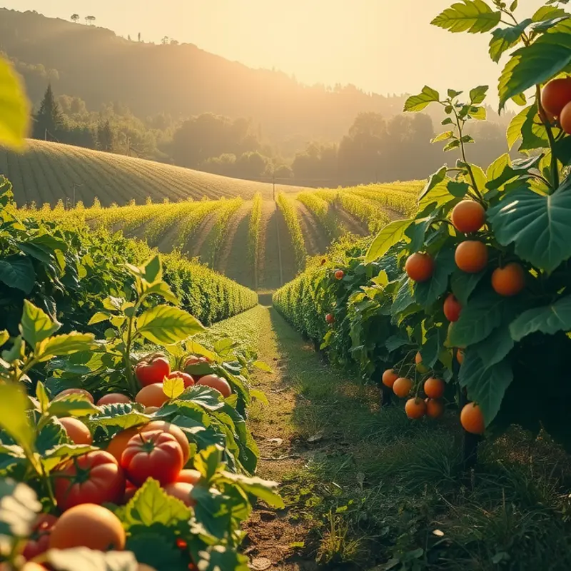 A sunlit orchard filled with vibrant fruits and vegetables.