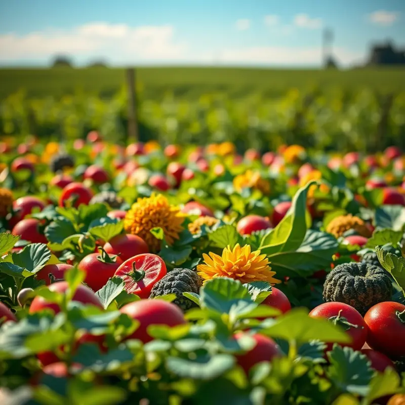 A sunlit field full of vibrant vegetables and fruits, encapsulating the essence of fresh, organic produce.