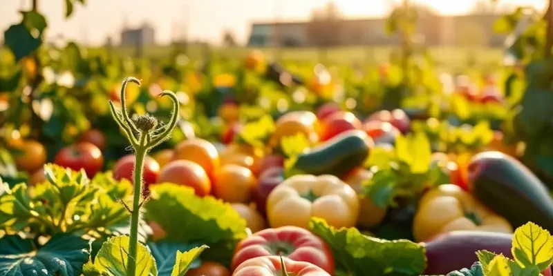 An idyllic rural landscape featuring a variety of fresh produce growing in a sunlit field.