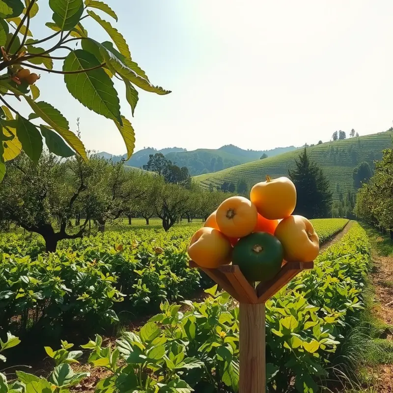 A sunlit orchard brimming with vibrant, organic fruits and vegetables.