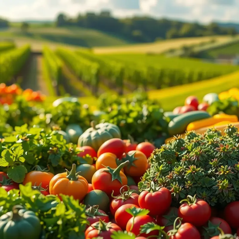 A sunlit field filled with vibrant, organic vegetables and fruits.
