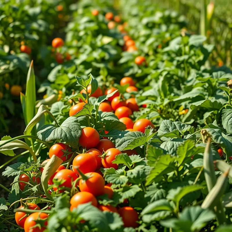 A vibrant vegetable garden filled with fresh produce under soft, warm lighting.