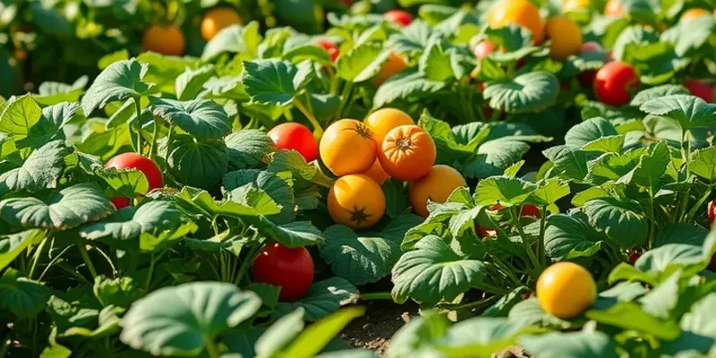 A lush, sunlit field showcasing ripe vegetables and fruits among green hills.