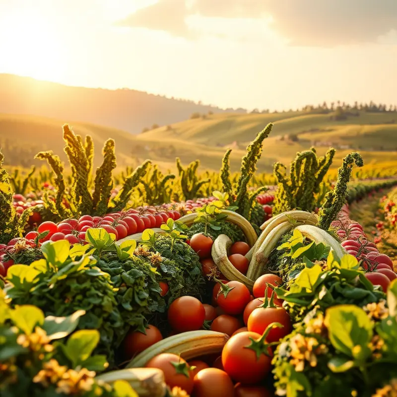 A sunlit orchard brimming with vibrant vegetables and fruits.