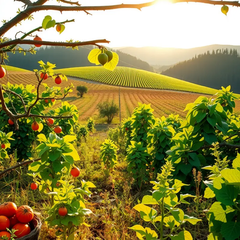 A sunlit orchard showcasing vibrant fruits and vegetables growing naturally.