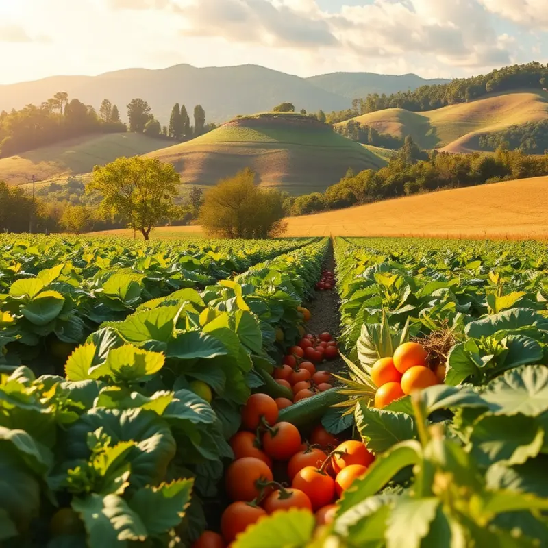 A sunlit field showcasing the natural beauty of vibrant fruits and vegetables.