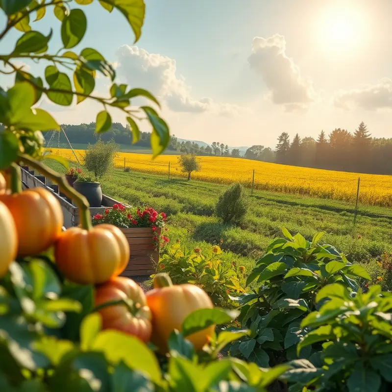 A sunlit field showcasing vibrant vegetables and fruits in a natural setting.