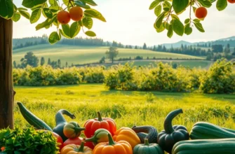 A sunlit orchard filled with colorful fruits and vegetables, symbolizing healthy nutrition.