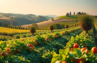 A scenic view of a sunlit field with diverse fruits and vegetables, embodying the concept of healthy nutrition.