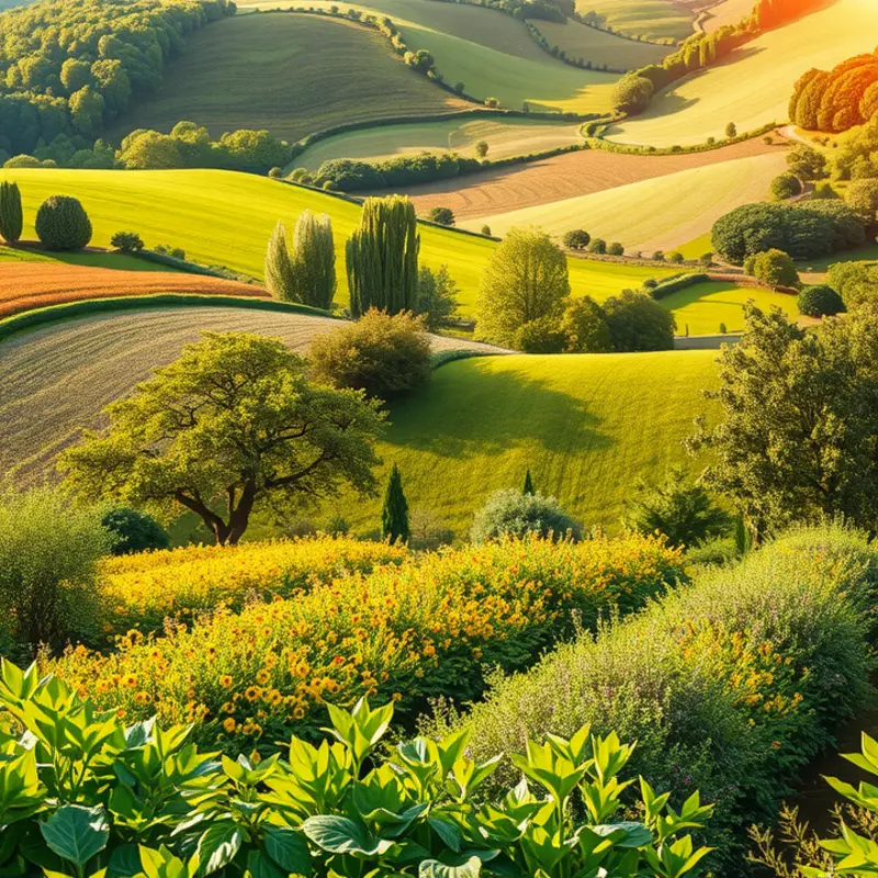 A vibrant landscape showcasing a sunlit orchard filled with fresh produce.