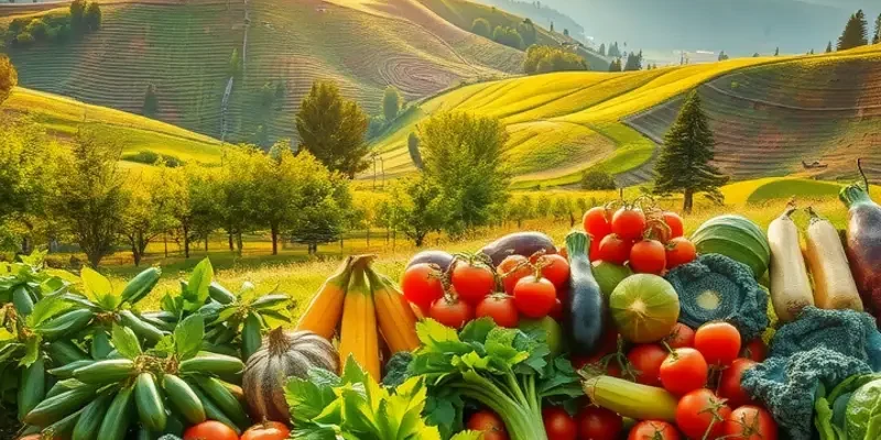 A photorealistic landscape of a sunlit field abundant with organic produce, promoting natural and healthy eating.