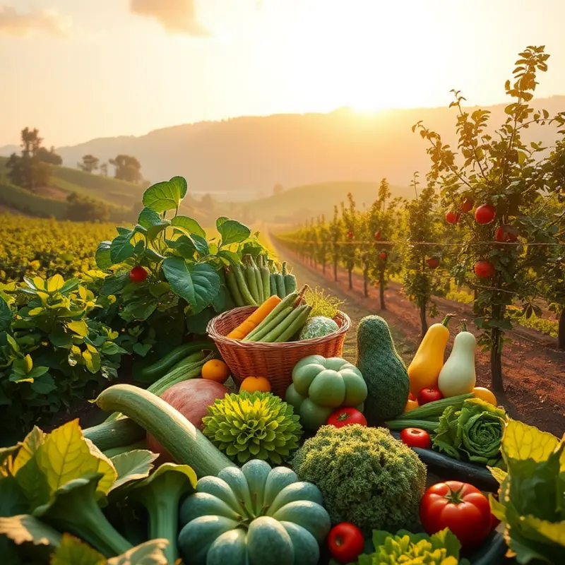 A vibrant landscape showcasing a sunlit orchard filled with fresh produce.
