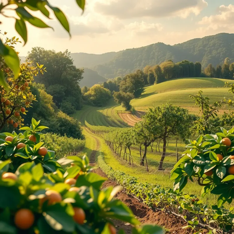 A sunlit field abundant with organic vegetables and fruits.
