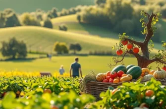 A sunny orchard displaying vibrant fruits and vegetables in a natural landscape.