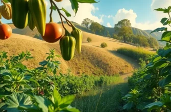 A beautiful sunlit landscape filled with organic fruits and vegetables growing abundantly.