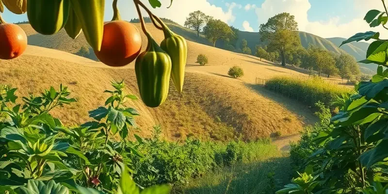 A beautiful sunlit landscape filled with organic fruits and vegetables growing abundantly.