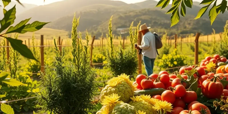 An expansive field showcasing organic produce and lush greenery, embodying a connection to nature and health.