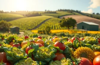 A photorealistic depiction of a sunlit orchard, overflowing with vibrant organic fruits and vegetables.