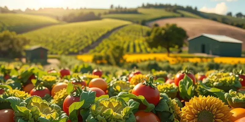 A photorealistic depiction of a sunlit orchard, overflowing with vibrant organic fruits and vegetables.