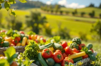 A picturesque landscape of abundant organic vegetables and fruits in a sunlit field.