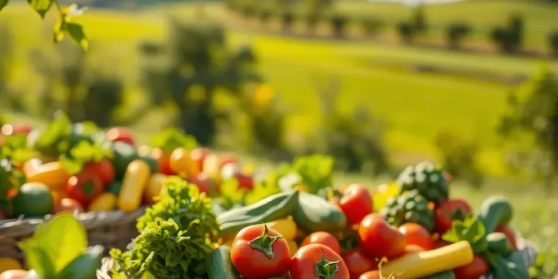 A picturesque landscape of abundant organic vegetables and fruits in a sunlit field.