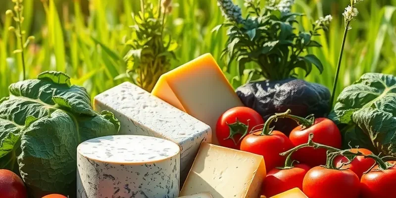 A scenic landscape showing a sunlit field rich with organic vegetables and fruits surrounded by lush greenery.