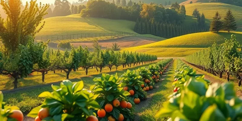A panoramic view of a sunlit field with abundant natural produce, symbolizing the variety in a vegetarian diet.