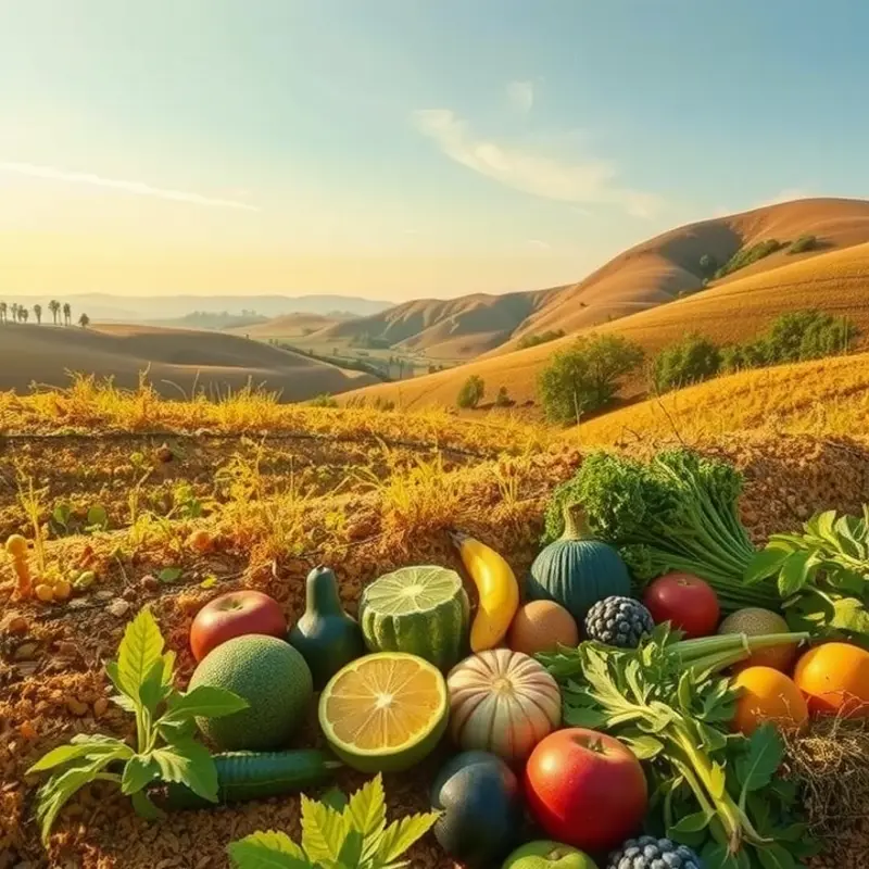 A vibrant landscape of fresh vegetables and fruits thriving in a sunlit field.