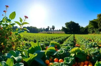 A scenic view of abundant organic fruit and vegetables growing in a sunlit field.