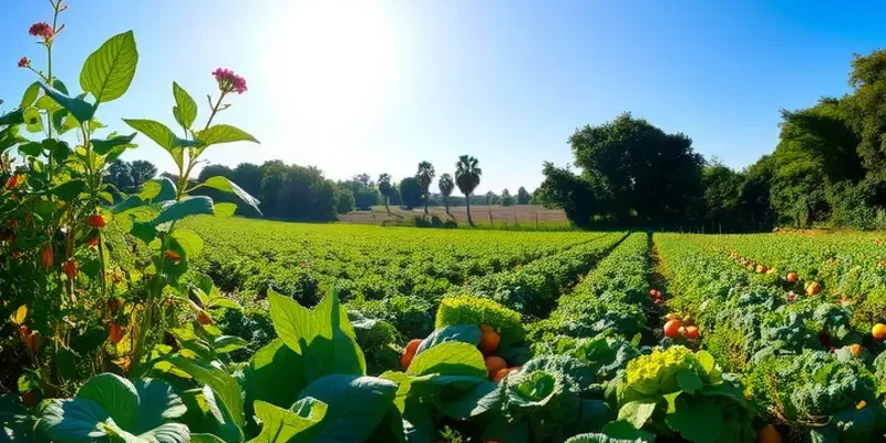 A scenic view of abundant organic fruit and vegetables growing in a sunlit field.