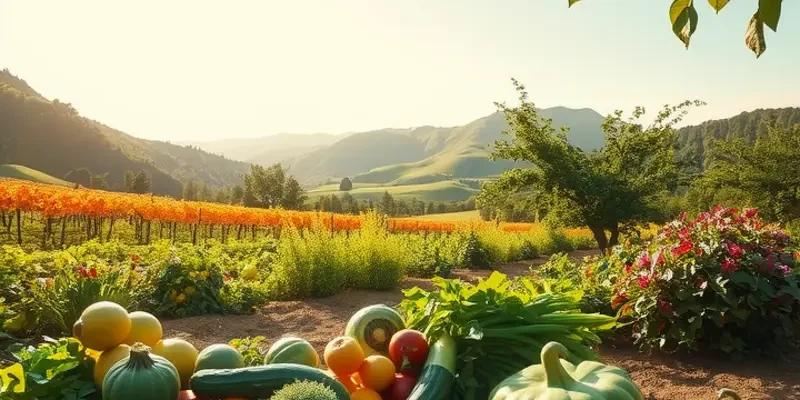 A panoramic landscape filled with fresh vegetables and fruits, emphasizing the theme of healthy nutrition.
