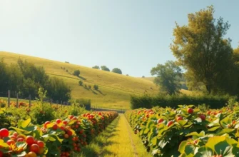 A natural landscape depicting lush green fields with vibrant fruits and vegetables.