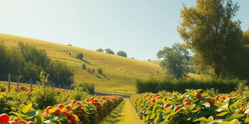 A natural landscape depicting lush green fields with vibrant fruits and vegetables.