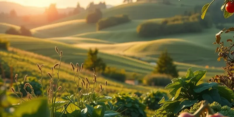 A natural landscape filled with vibrant vegetables and fruits, highlighting organic abundance.