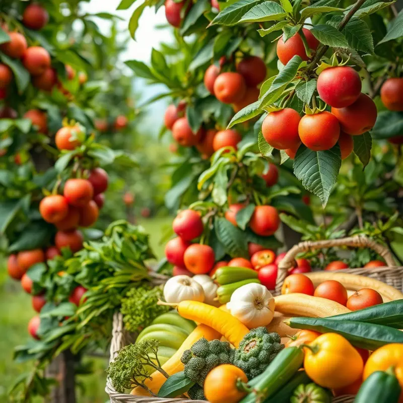 A sunlit organic field brimming with vibrant vegetables and fruits, representing nature’s bounty.