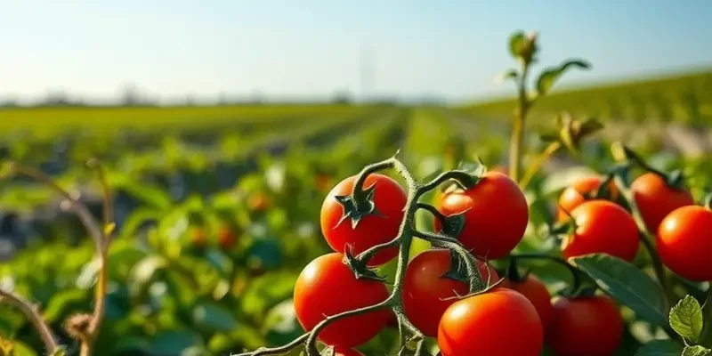 A sunlit orchard showcasing a rich variety of fruits and vegetables growing in harmonious greenery.