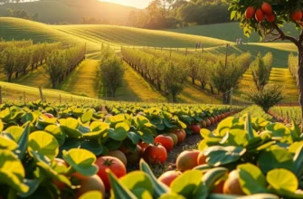 A beautiful orchard featuring a variety of organic fruits and vegetables amidst lush greenery