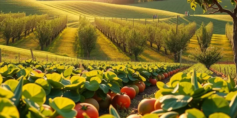 A beautiful orchard featuring a variety of organic fruits and vegetables amidst lush greenery