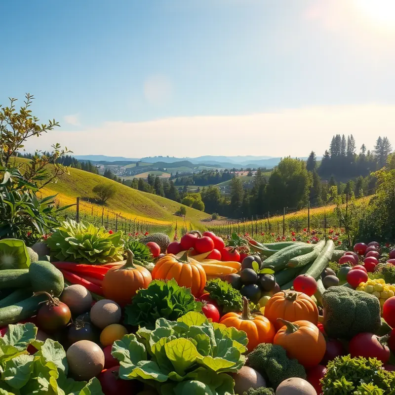 A sunlit field showcasing the bountiful beauty of organic fruits and vegetables.