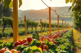 A picturesque view of a sunlit field filled with fresh organic produce like colorful fruits and vegetables, symbolizing healthy nutrition.