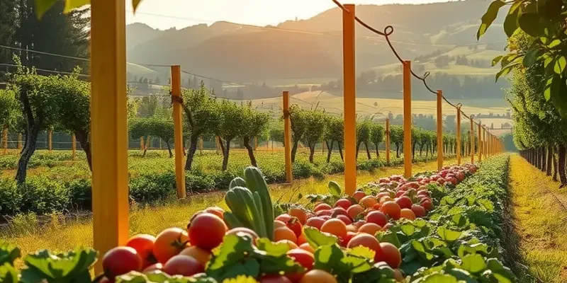 A picturesque view of a sunlit field filled with fresh organic produce like colorful fruits and vegetables, symbolizing healthy nutrition.