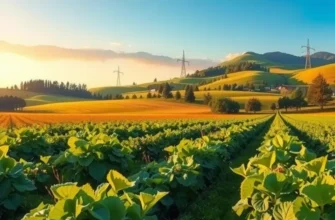 A serene view of an organic field filled with fresh vegetables and fruits under gentle sunlight.