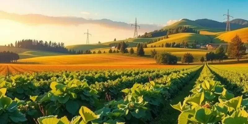 A serene view of an organic field filled with fresh vegetables and fruits under gentle sunlight.