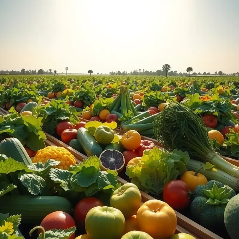 A sunlit orchard filled with vibrant vegetables and fruits representing healthy eating.