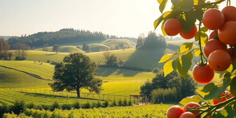 Photorealistic landscape of an organic garden filled with fresh produce under warm sunlight.