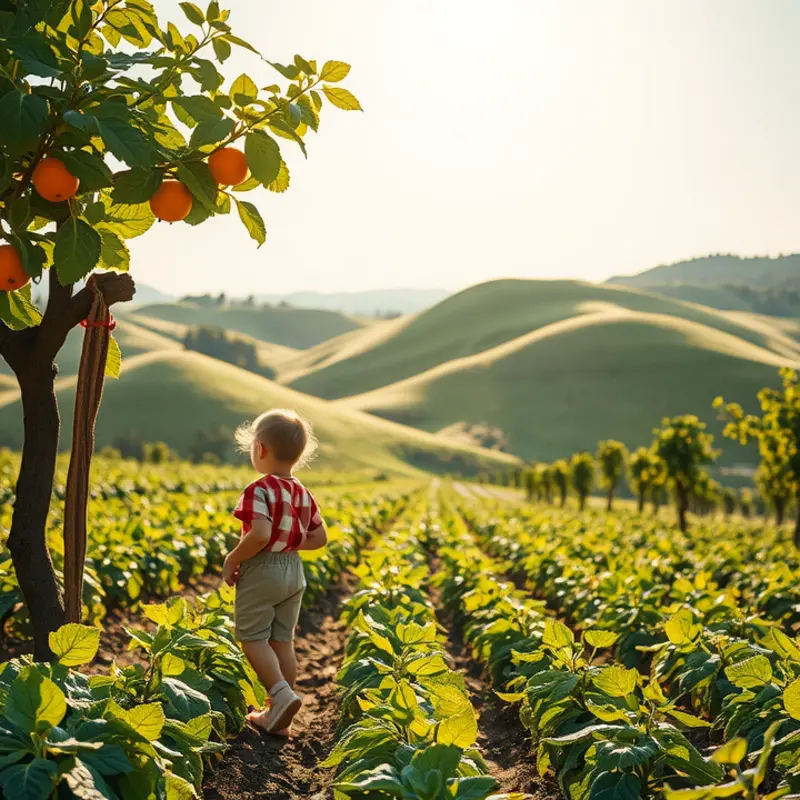 A serene sunlit orchard filled with vibrant vegetables and fruits.