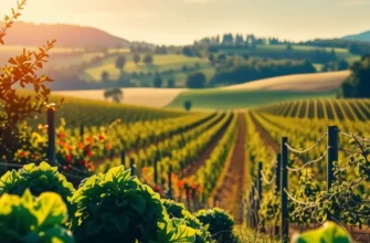A beautiful landscape depicting an abundant harvest with a variety of organic produce set among rolling hills.