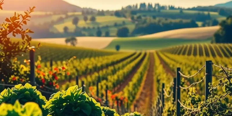 A beautiful landscape depicting an abundant harvest with a variety of organic produce set among rolling hills.